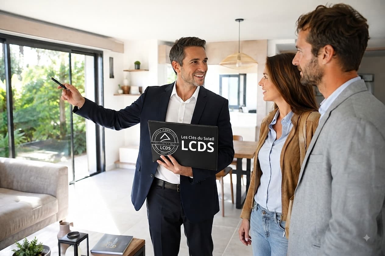 Conseiller Les Clés du Soleil réalisant l'estimation d'une maison avec ses clients dans le Var